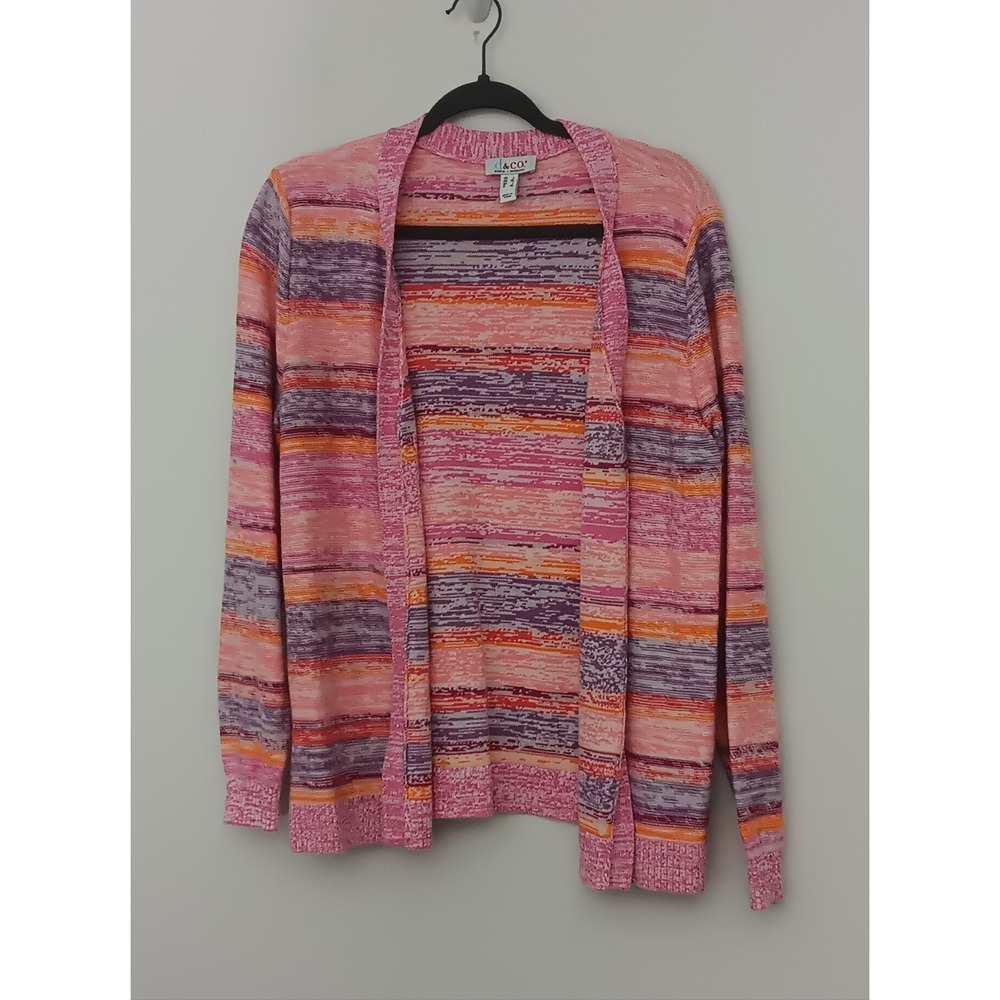 Denim & Co Sweater Women's Size Large Pink‎ Marled Stripe Open Front Cardigan